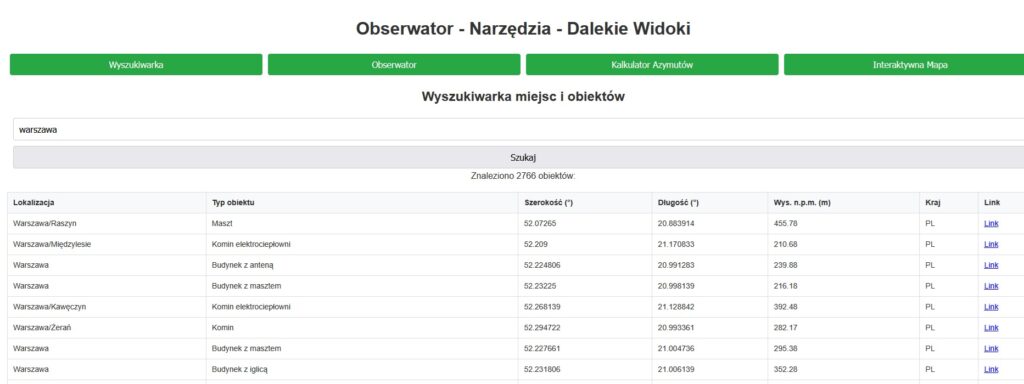 Zrzut ekranu z aplikacji Nawigator Obserwatora
