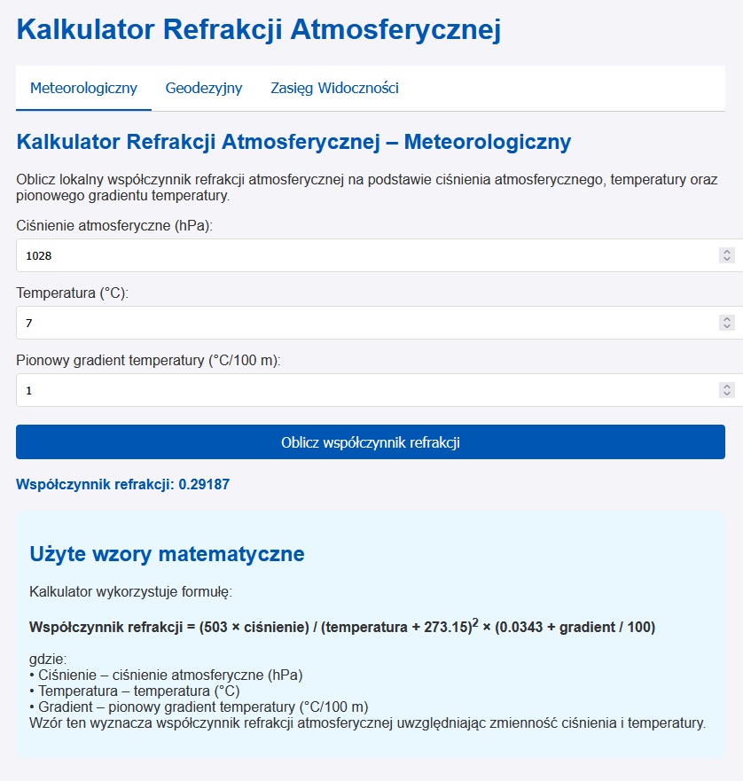 Zrzut ekranu z Kalkulatora Refrakcji